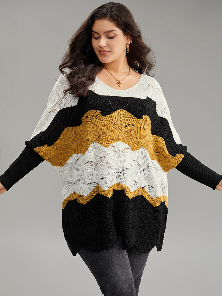 

Plus Size Contrast Cut Out Batwing Sleeve Pullover Multicolor Women Casual Loose Long Sleeve V-neck Everyday Pullovers BloomChic