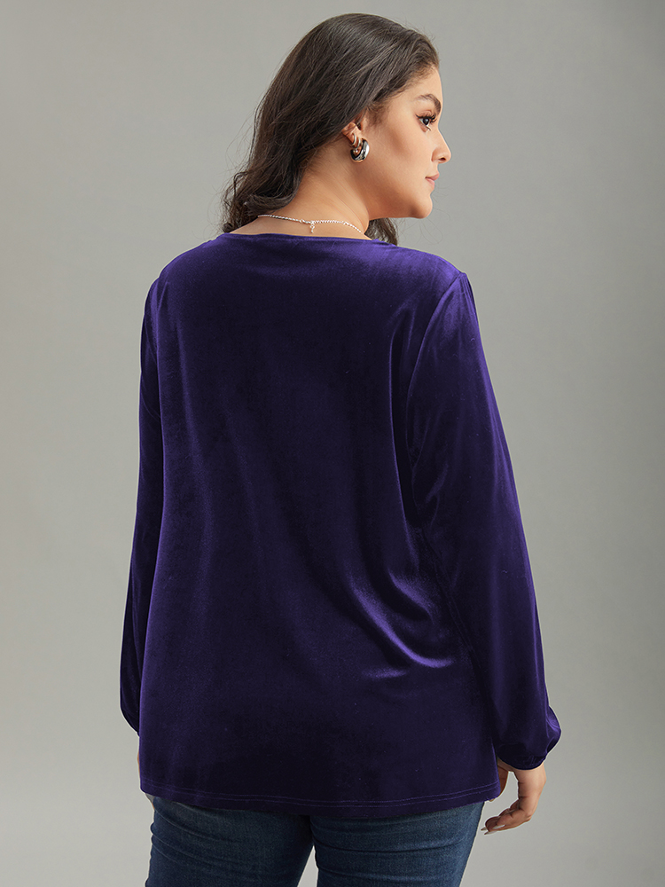 

Plus Size Blackcurrant Velvet Metal Button Detail Blouse Women Elegant Long Sleeve Square Neck Dailywear Blouses BloomChic