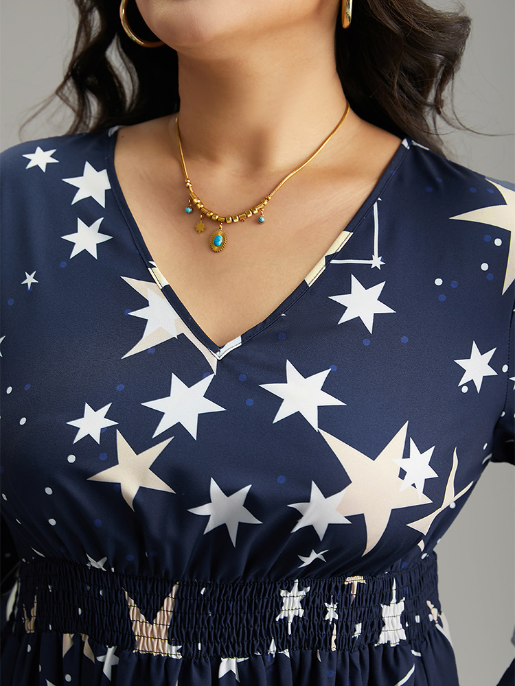 Plus Size Star Geometric Shirred Pocket Dress DarkBlue Women Vacation Printed V-neck Long Sleeve Curvy Midi Dress BloomChic 22-24/3X 