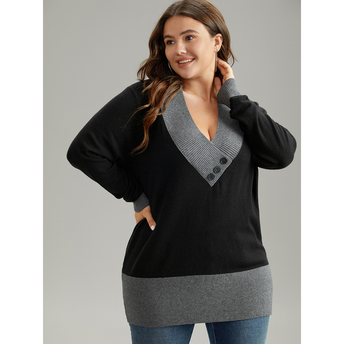 

Plus Size Supersoft Essentials Contrast Deep V Neck Button Detail Pullover Black Women Casual Long Sleeve Deep V-neck Everyday Pullovers BloomChic