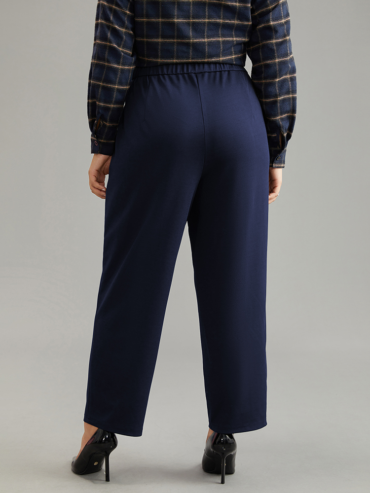 

Plus Size Plain Elastic Waist Pocket Mid Rise Pants Women Indigo Office Mid Rise Work Pants BloomChic