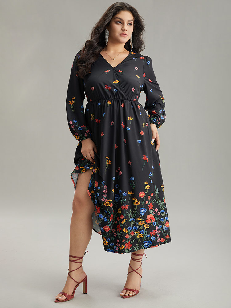Plus Size Women Dailywear Bohemian Print Elastic cuffs Lantern Sleeve Long Sleeve Overlap Collar Pocket Elegant Dresses BloomChic 