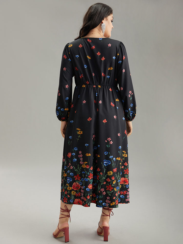 Plus Size Women Dailywear Bohemian Print Elastic cuffs Lantern Sleeve Long Sleeve Overlap Collar Pocket Elegant Dresses BloomChic 