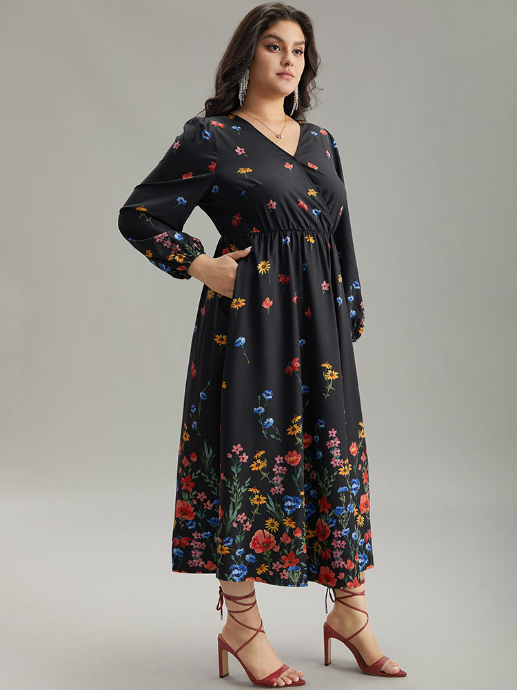 Plus Size Women Dailywear Bohemian Print Elastic cuffs Lantern Sleeve Long Sleeve Overlap Collar Pocket Elegant Dresses BloomChic 