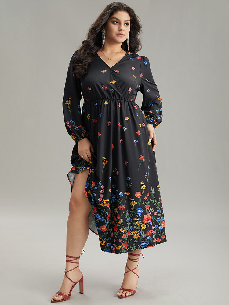 Plus Size Women Dailywear Bohemian Print Elastic cuffs Lantern Sleeve Long Sleeve Overlap Collar Pocket Elegant Dresses BloomChic 