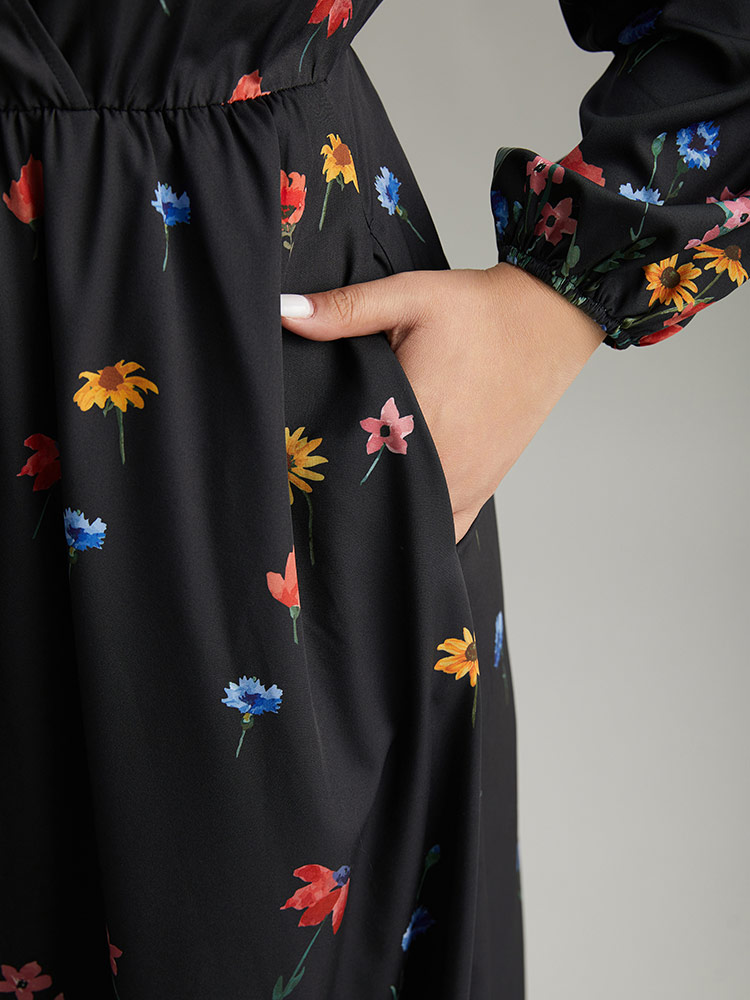 Plus Size Women Dailywear Bohemian Print Elastic cuffs Lantern Sleeve Long Sleeve Overlap Collar Pocket Elegant Dresses BloomChic 