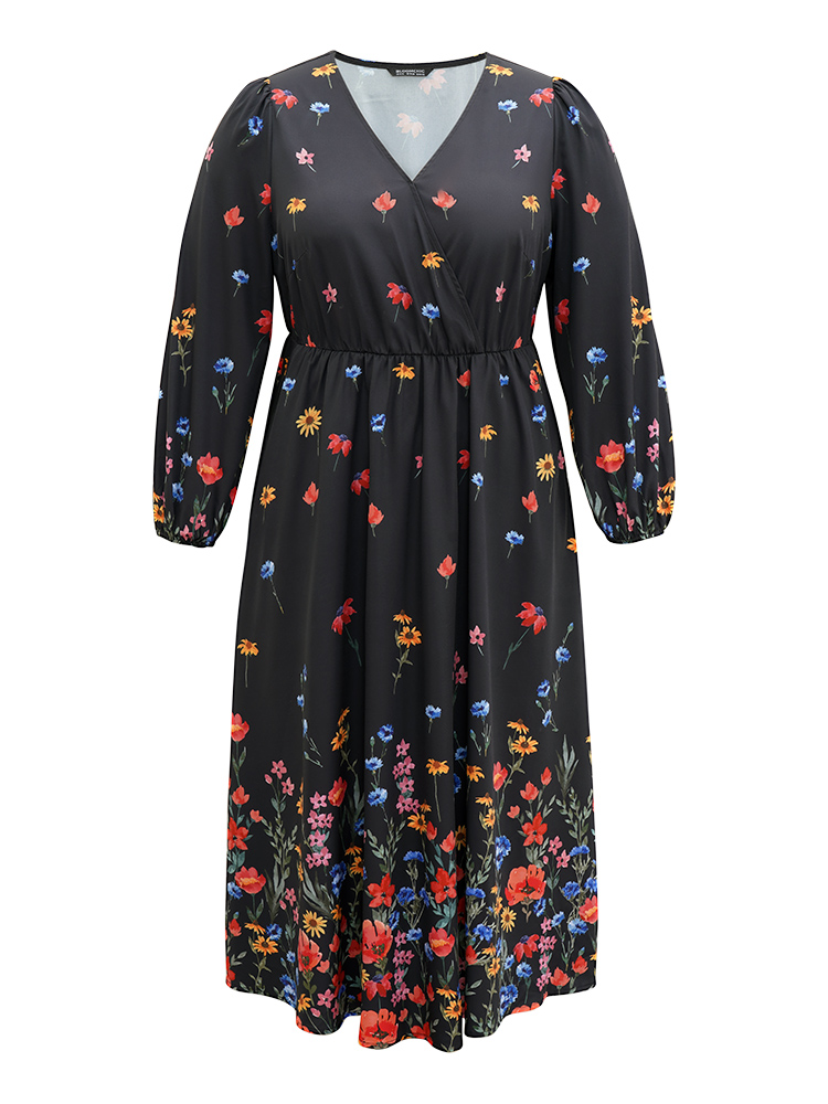 Plus Size Women Dailywear Bohemian Print Elastic cuffs Lantern Sleeve Long Sleeve Overlap Collar Pocket Elegant Dresses BloomChic 