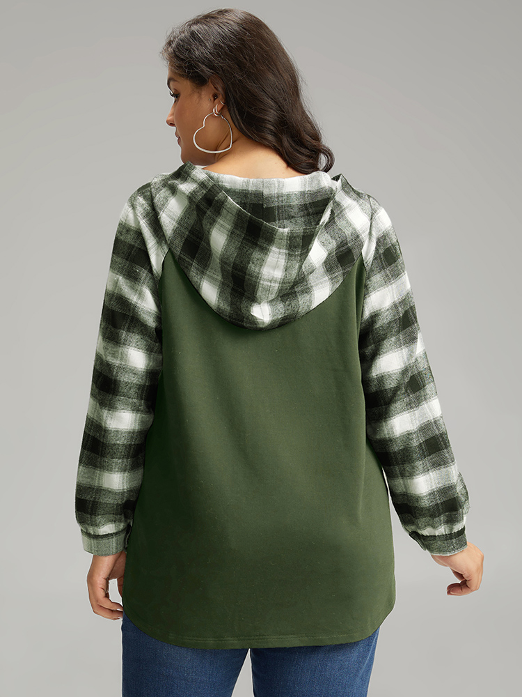 Plus Size Plaid Print Hooded Patchwork Sweatshirt Women ArmyGreen Casual Patchwork Hooded Everyday Sweatshirts BloomChic 28/5X 
