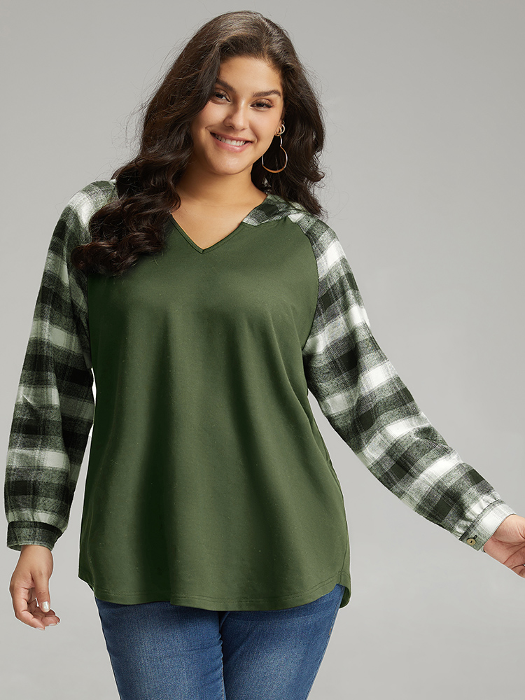 Plus Size Plaid Print Hooded Patchwork Sweatshirt Women ArmyGreen Casual Patchwork Hooded Everyday Sweatshirts BloomChic 28/5X 