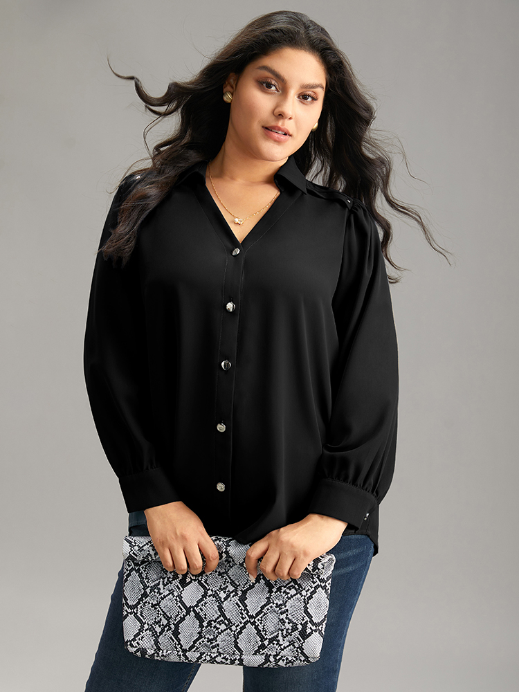 

Plus Size Static-Free Solid Metal Detail Gathered Blouse Black Long Sleeve V-neck Office Shirts