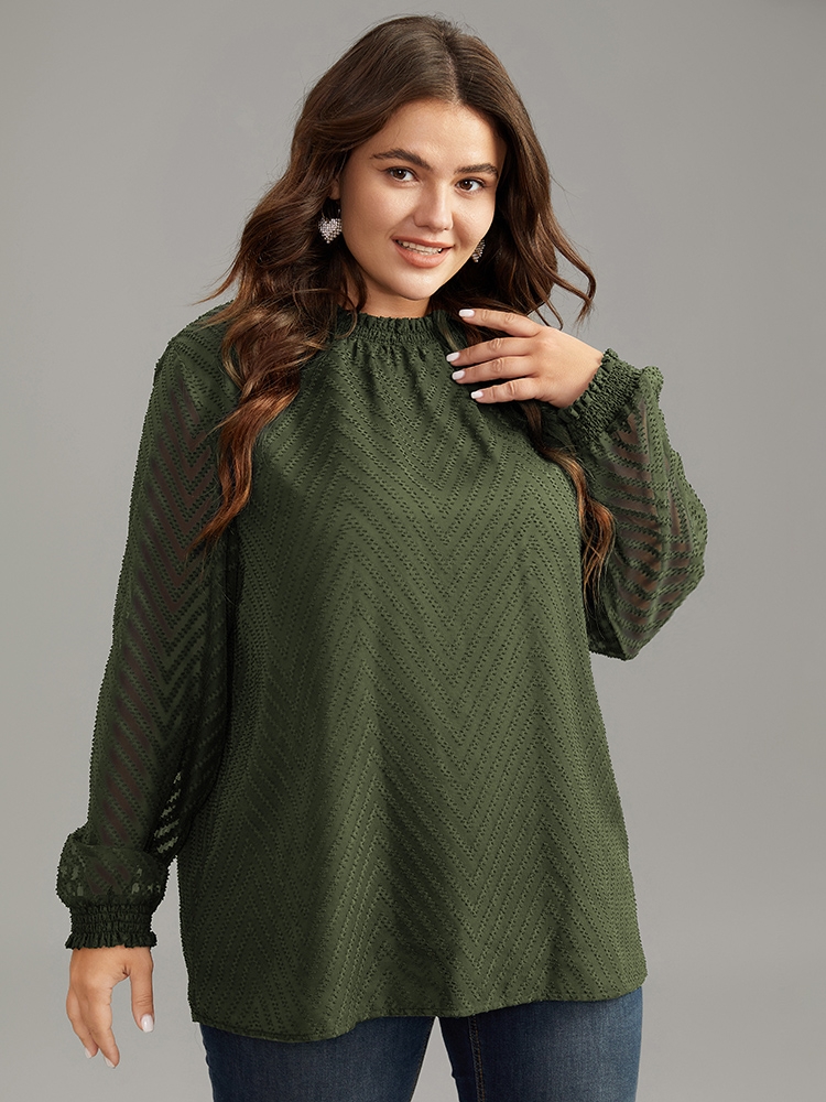 

Plus Size ArmyGreen Plain Patchwork Mesh Shirred Frill Trim Blouse Women Office Long Sleeve Round Neck Work Blouses BloomChic