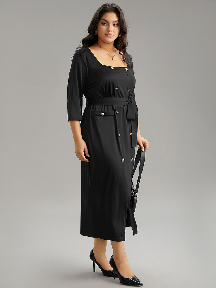 

Plus Size Square Neck Metal Detail Belted Gathered Dress Black Women Office Plain Square Neck Elbow-length sleeve Curvy Midi Dress BloomChic