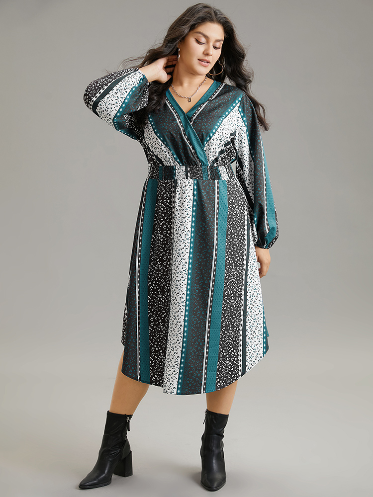 

Plus Size Boho Print Striped Shirred Wrap Dress Aegean Women Elastic cuffs V-neck Long Sleeve Curvy Midi Dress BloomChic