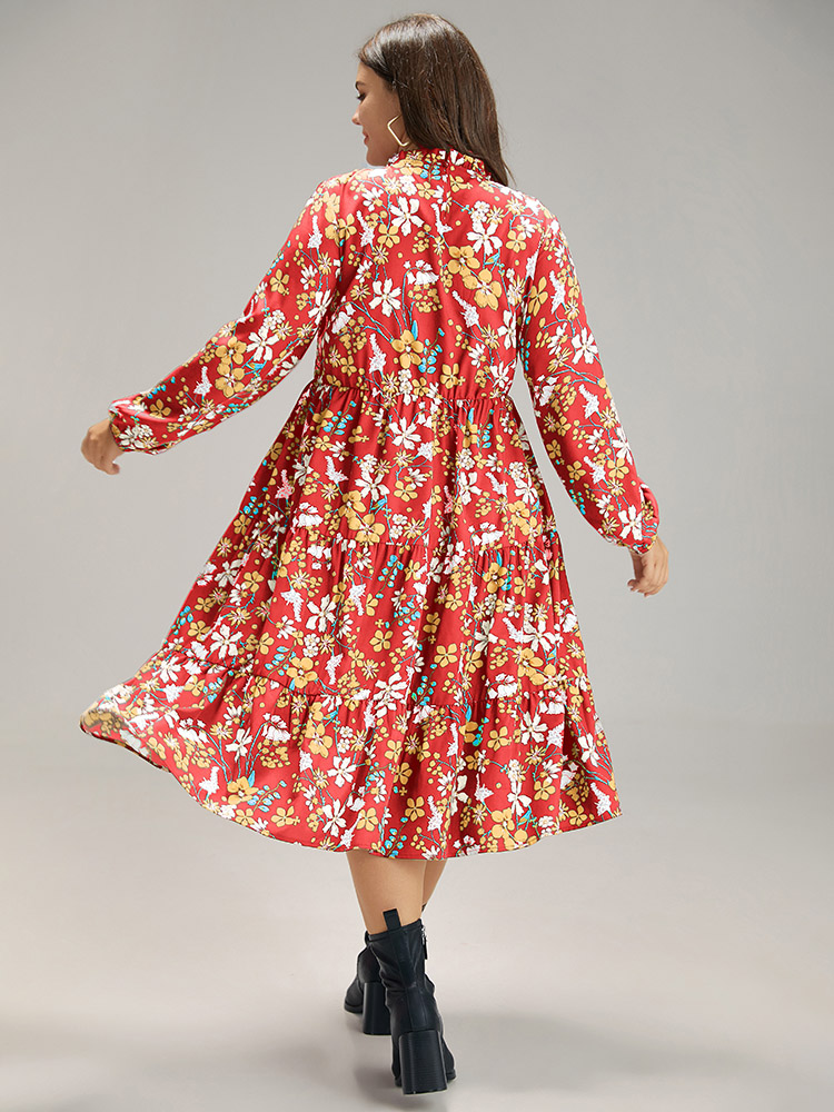 Plus Size Floral Print Keyhole Shirred Dress Salmon Women Elegant Elastic cuffs Mock Neck Long Sleeve Curvy Midi Dress BloomChic 12/L 