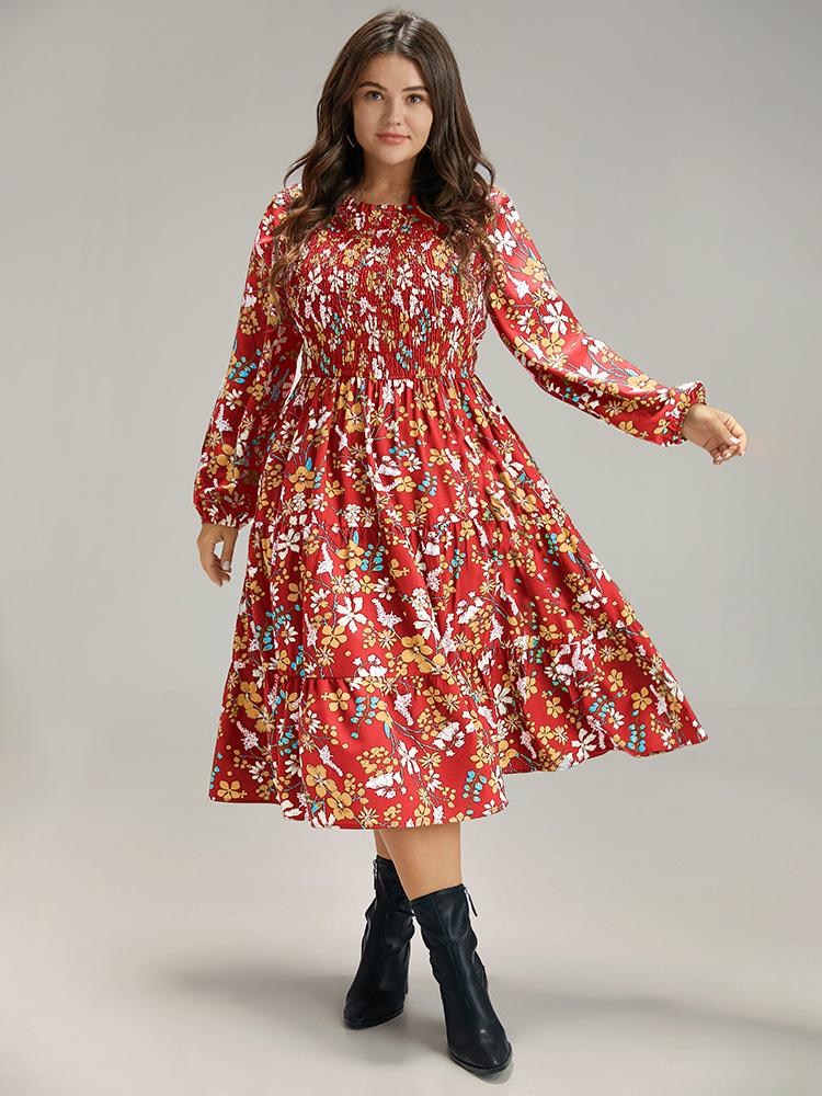 Plus Size Floral Print Keyhole Shirred Dress Salmon Women Elegant Elastic cuffs Mock Neck Long Sleeve Curvy Midi Dress BloomChic 12/L 