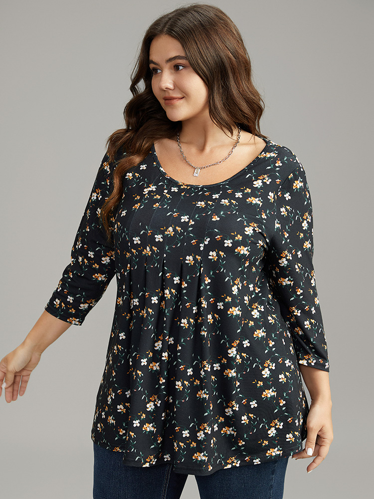 

Plus Size Ditsy Floral Crew Neck Plicated Detail T-shirt Black Round Neck Elbow-length sleeve Elegant Jersey Tops