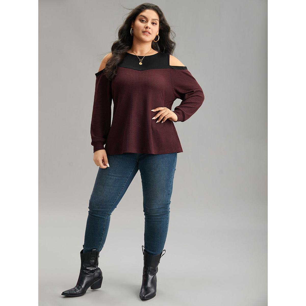 

Plus Size Cold Shoulder Patchwork Contrast Waffle Knit T-shirt Burgundy Women Casual Waffle Knit Plain Cold Shoulder Dailywear T-shirts BloomChic