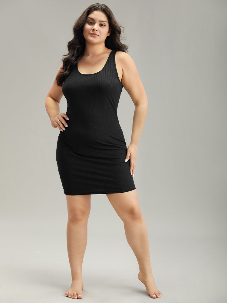 

Plus Size Solid Rib Knit Tank Sleep Dress Black Sleeveless Round Neck Elegant Dailywear  Bloomchic