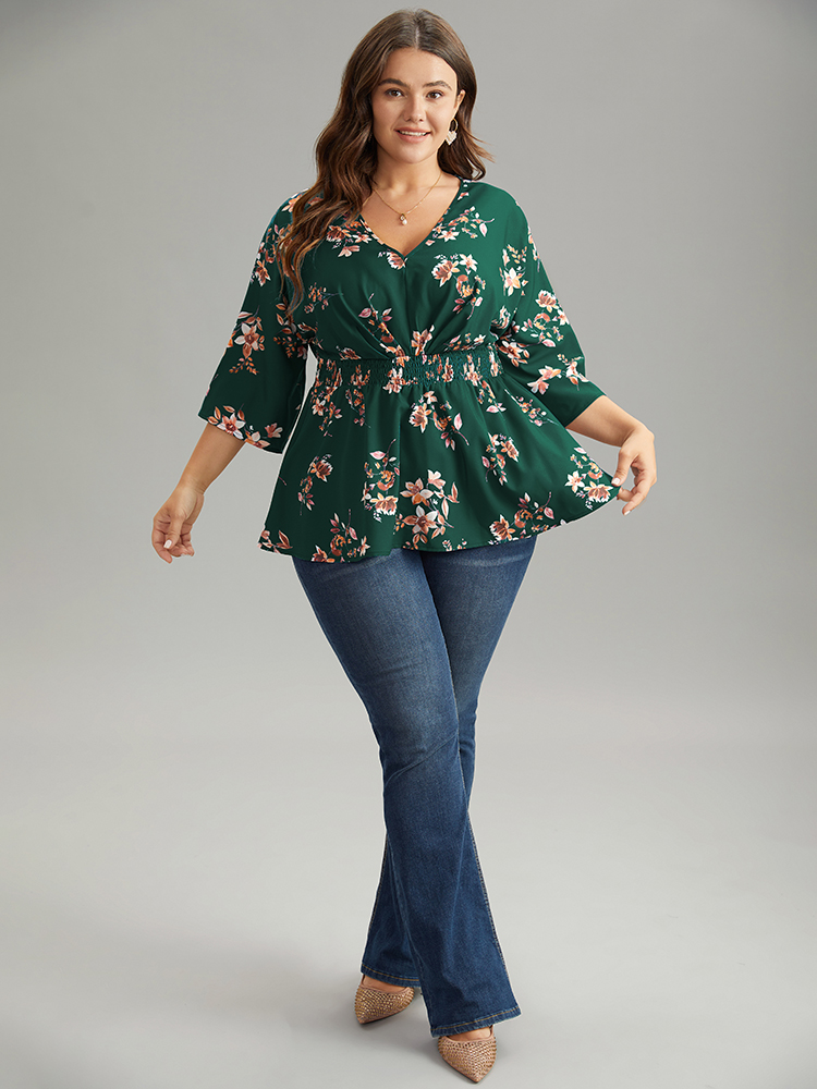 

Plus Size DarkGreen Floral Print Shirred Plicated Detail Blouse Women Elegant Elbow-length sleeve V-neck Dailywear Blouses BloomChic