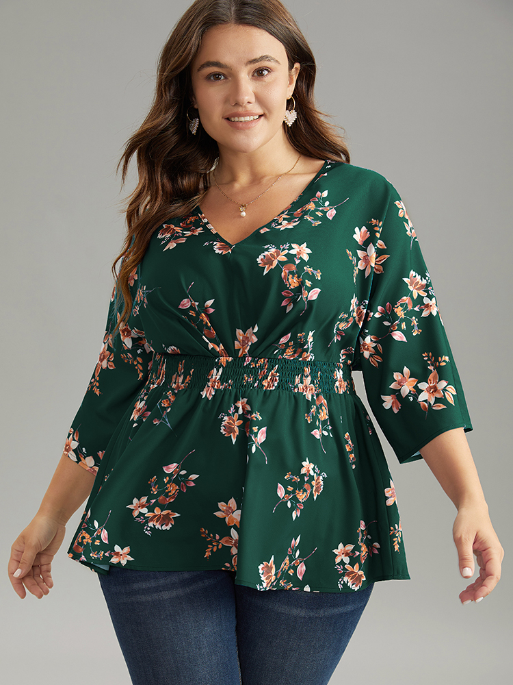 

Plus Size DarkGreen Floral Print Shirred Plicated Detail Blouse Women Elegant Elbow-length sleeve V-neck Dailywear Blouses BloomChic