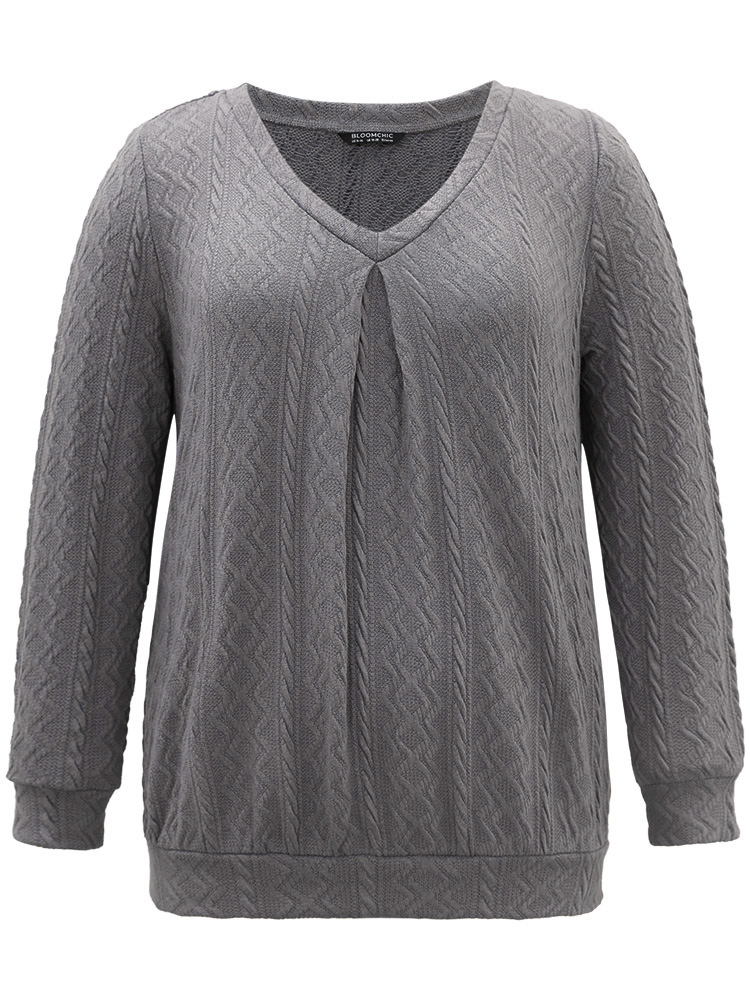 

Plus Size Plain Geometric Textured Plicated Detail Sweatshirt Women Gray Casual Texture V-neck Dailywear Sweatshirts BloomChic