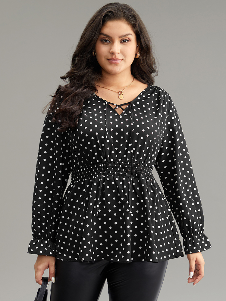 

Plus Size Black Polka Dot Lace Up Shirred Flutters Blouse Women Office Long Sleeve V-neck Work Blouses BloomChic