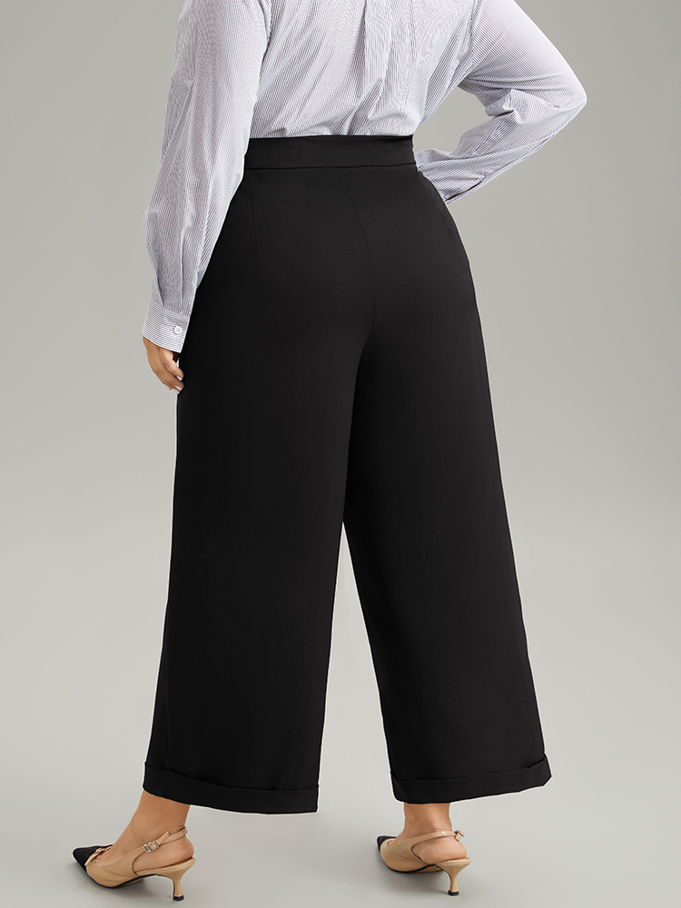 

Plus Size Plain Metal Detail Pocket Wide Leg Pants Women Black Office Wide Leg High Rise Work Pants BloomChic