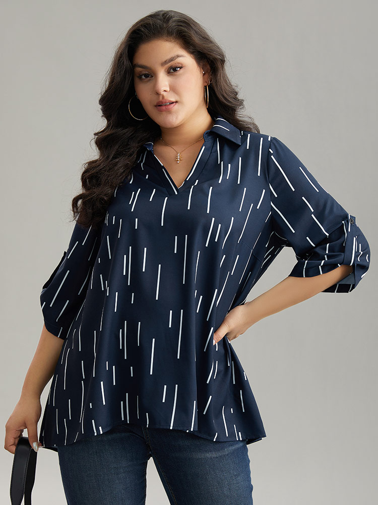 

Plus Size Indigo Geometric Shirt Collar Roll Tab Sleeve Blouse Women Office Elbow-length sleeve Shirt collar Work Blouses BloomChic