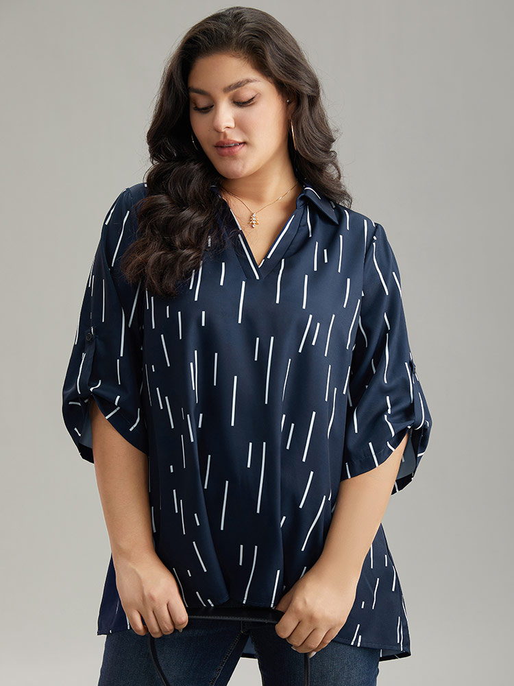 

Plus Size Indigo Geometric Shirt Collar Roll Tab Sleeve Blouse Women Office Elbow-length sleeve Shirt collar Work Blouses BloomChic