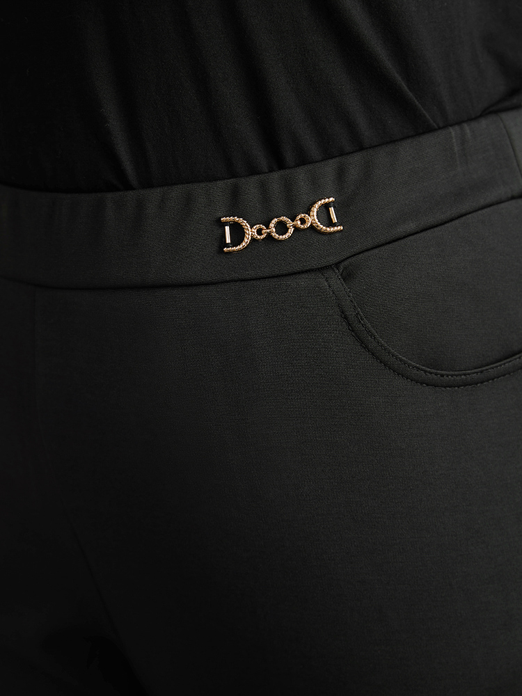 Plus Size Plain Buckle Detail Slant Pocket Pants Women Black Elegant Skinny High Rise Dailywear Pants BloomChic 18-20/2X 