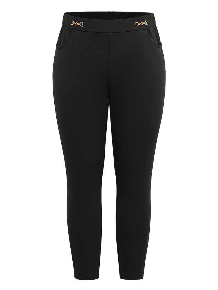 Plus Size Plain Buckle Detail Slant Pocket Pants Women Black Elegant Skinny High Rise Dailywear Pants BloomChic 18-20/2X 