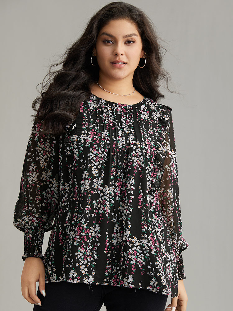 

Plus Size Black Ditsy Floral Chiffon Ruffles Shirred Pleated Mesh Blouse Women Elegant Long Sleeve Round Neck Dailywear Blouses BloomChic