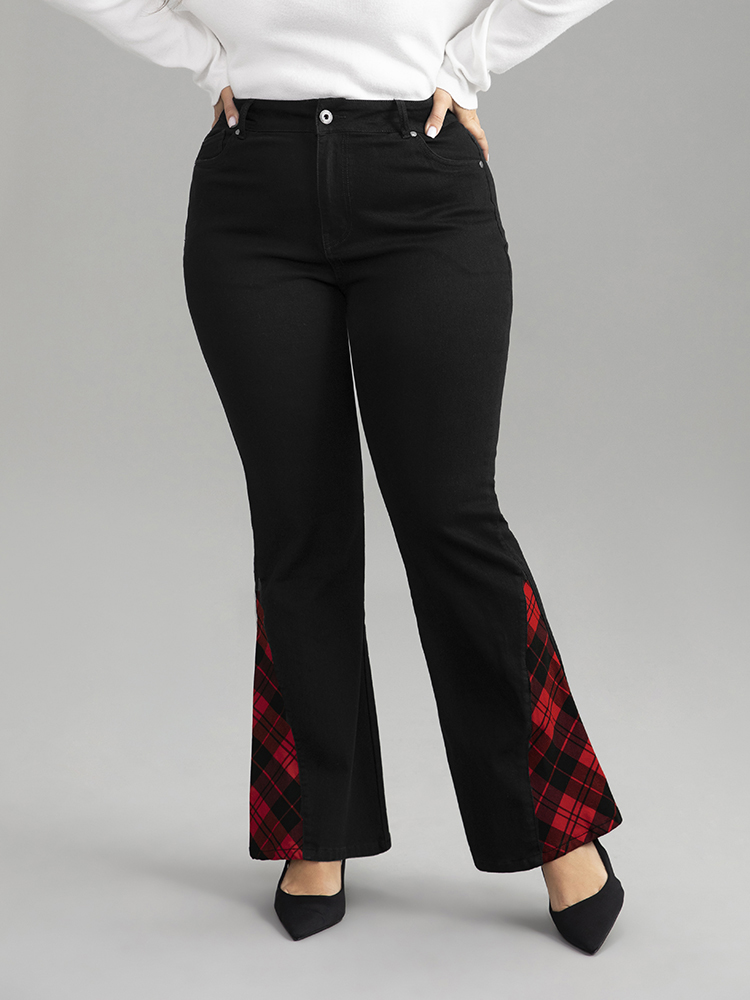 

Plus Size Flare Leg Plaid Patchwork Pocket Jeans Women Black Casual Plaid Contrast Low stretch Pocket Jeans BloomChic