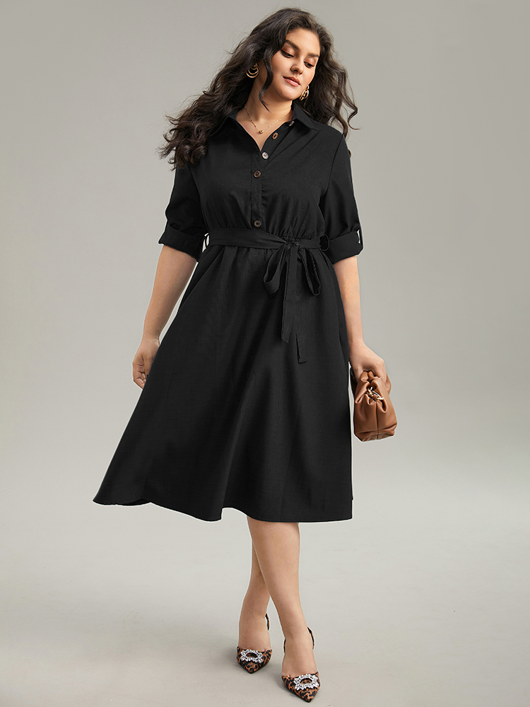 

Plus Size Static-Free solid Belted Tab Sleeve Dress Black Women Office Plain Shirt collar Long Sleeve Curvy Midi Dress BloomChic