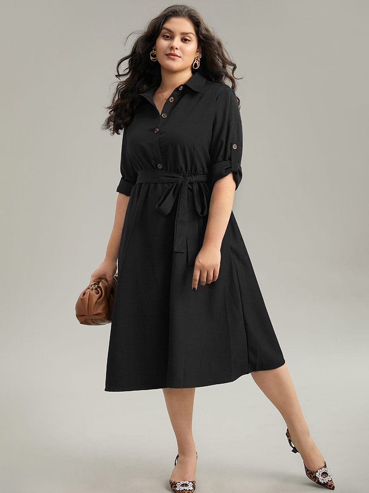 

Plus Size Static-Free solid Belted Tab Sleeve Dress Black Women Office Plain Shirt collar Long Sleeve Curvy Midi Dress BloomChic