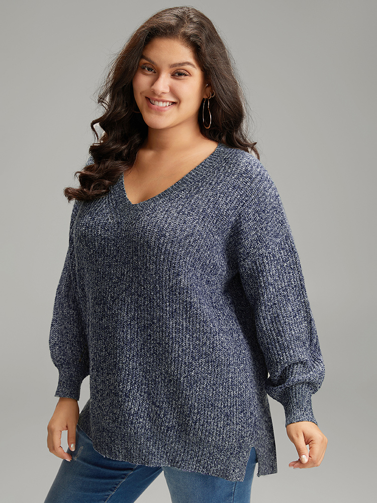 

Plus Size Heather Lantern Sleeve Split Side Pullover Indigo Women Casual Loose Long Sleeve V-neck Dailywear Pullovers BloomChic