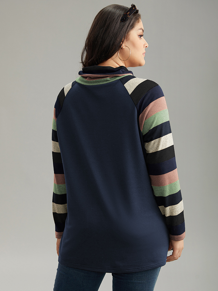 

Plus Size Mock Neck Colour Striped Drawstring Sweatshirt Women Indigo Casual Patchwork Mock Neck Dailywear Sweatshirts BloomChic