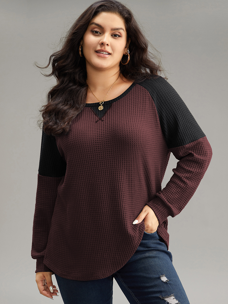 

Plus Size Waffle Knit Contrast Patchwork T-shirt Burgundy Women Casual Contrast Plain Round Neck Everyday T-shirts BloomChic