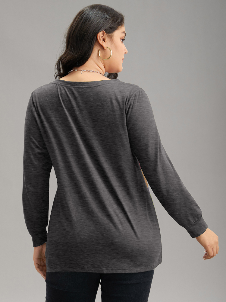 Plus Size Colorblock Contrast Notched Button Detail T-shirt Gray Women Casual Contrast Striped Notched collar Dailywear T-shirts BloomChic 26/4X 
