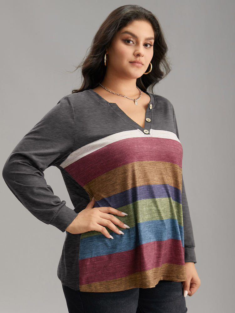 Plus Size Colorblock Contrast Notched Button Detail T-shirt Gray Women Casual Contrast Striped Notched collar Dailywear T-shirts BloomChic 26/4X 