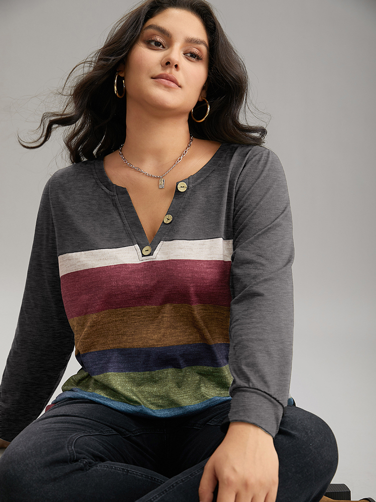 Plus Size Colorblock Contrast Notched Button Detail T-shirt Gray Women Casual Contrast Striped Notched collar Dailywear T-shirts BloomChic 26/4X 