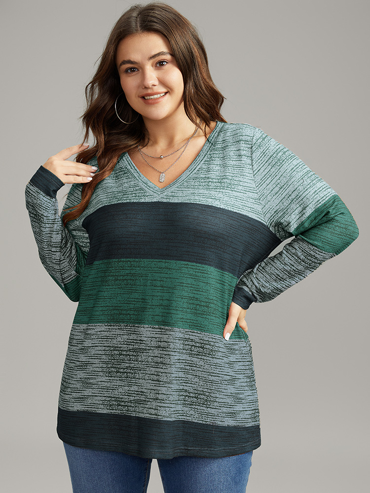 Plus Size Women Everyday Striped Contrast Regular Sleeve Long Sleeve V-neck Casual T-shirts BloomChic 