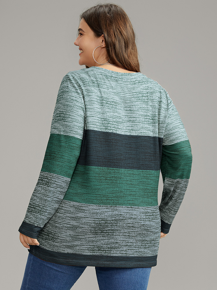 Plus Size Women Everyday Striped Contrast Regular Sleeve Long Sleeve V-neck Casual T-shirts BloomChic 
