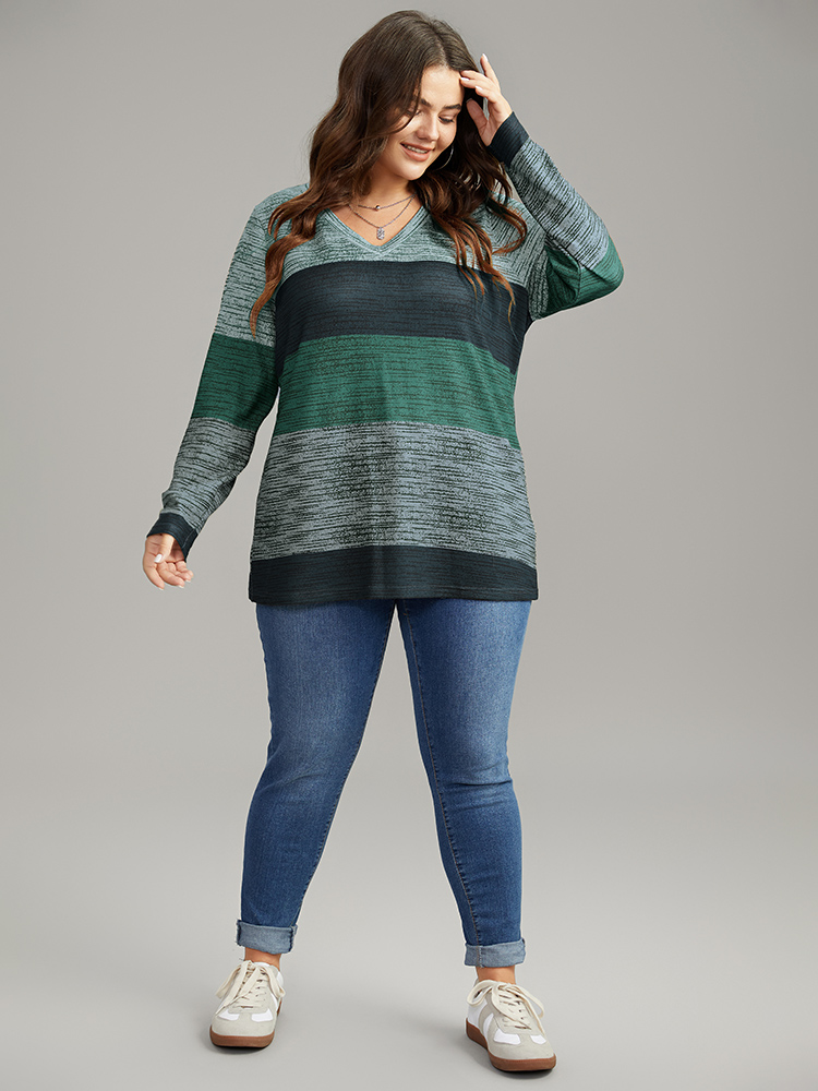 Plus Size Women Everyday Striped Contrast Regular Sleeve Long Sleeve V-neck Casual T-shirts BloomChic 