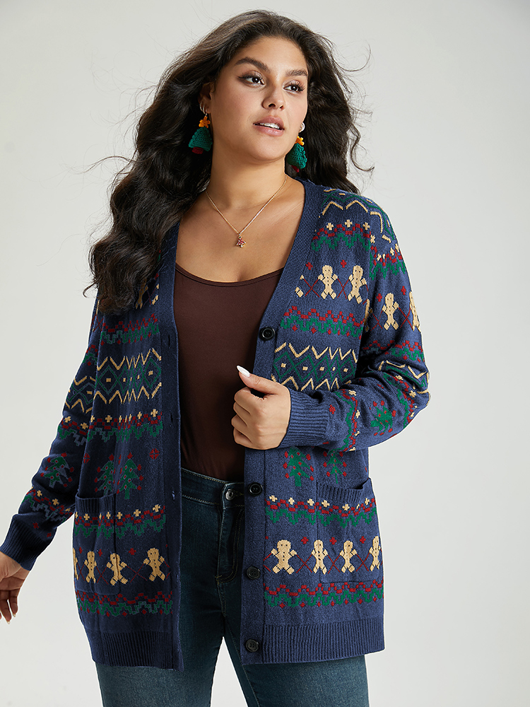 

Plus Size Christmas Trees & Gingerbread Man Print Pocket Cardigan Indigo Women Casual Loose Long Sleeve Festival-Christmas Cardigans BloomChic