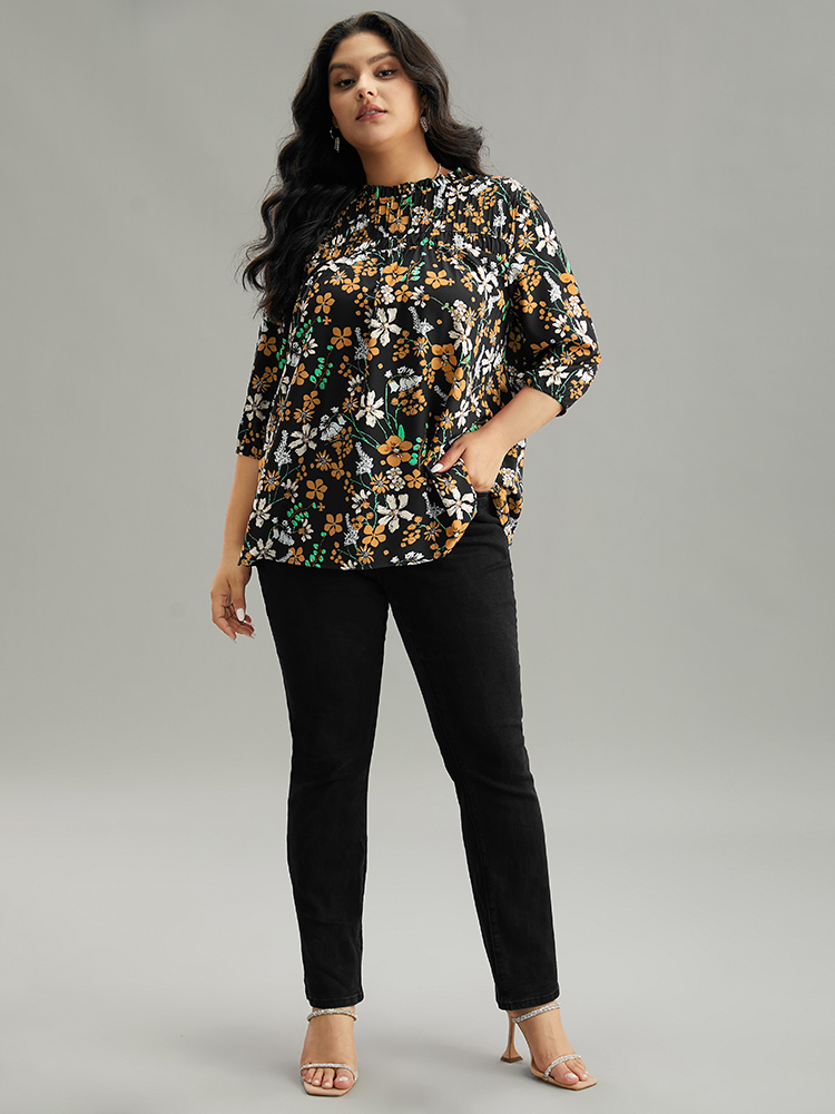 

Plus Size Black Floral Print Frill Trim Cut Out Blouse Women Elegant Elbow-length sleeve Round Neck Everyday Blouses BloomChic