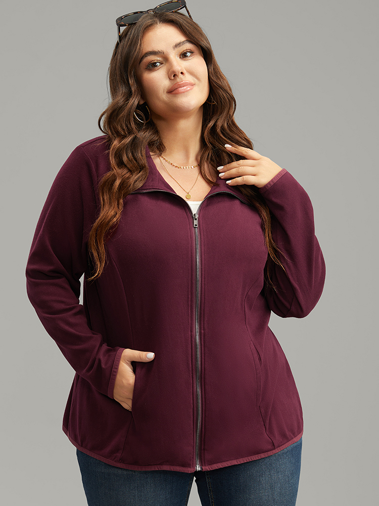 

Plus Size Plain Zipper Fly Lapel Collar Jacket Women Burgundy Plain Pocket Dailywear Jackets BloomChic