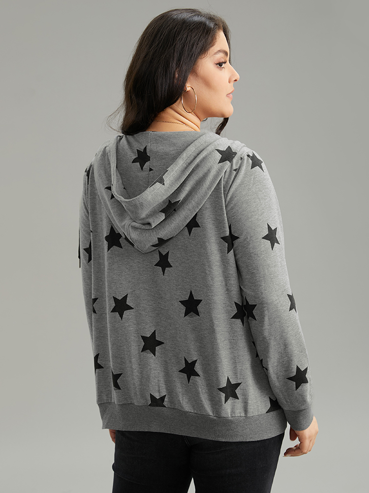 Plus Size Star Print Hooded Ties Pocket Sweatshirt Women Gray Casual Printed Hooded Dailywear Sweatshirts BloomChic 26/4X 