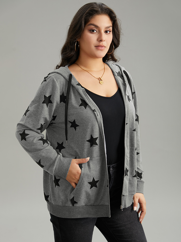 Plus Size Star Print Hooded Ties Pocket Sweatshirt Women Gray Casual Printed Hooded Dailywear Sweatshirts BloomChic 26/4X 