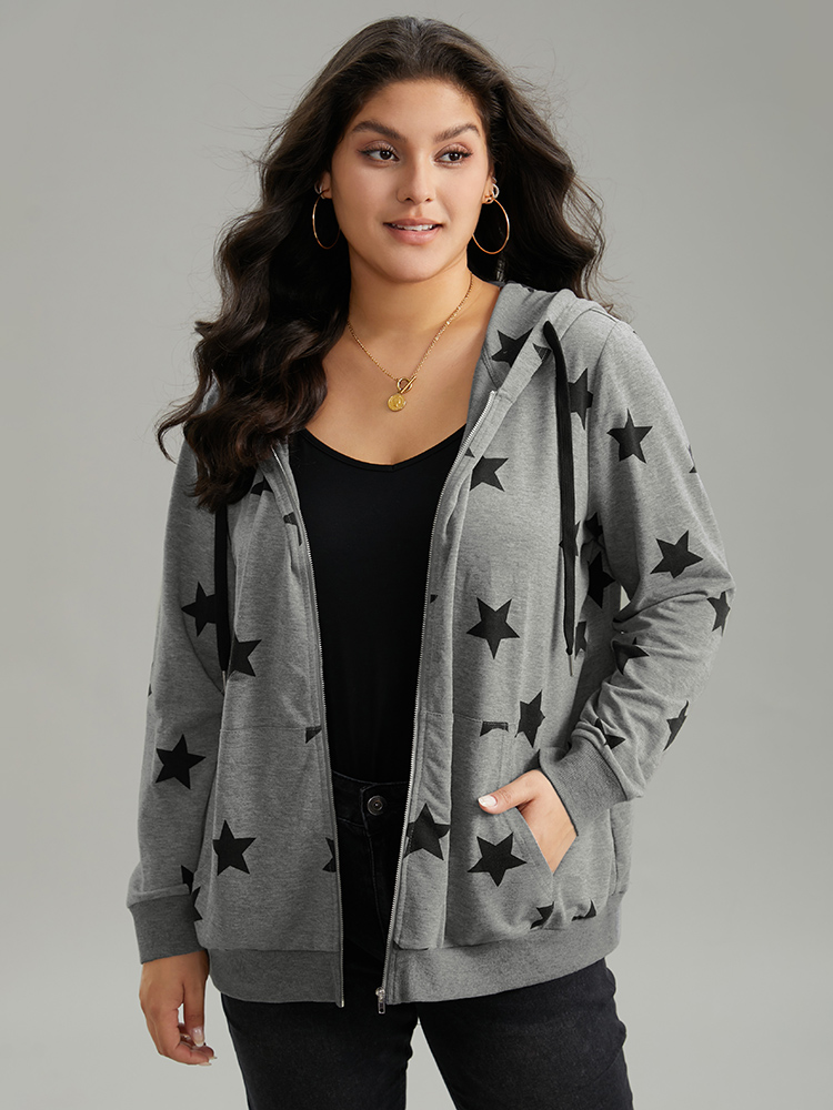 Plus Size Star Print Hooded Ties Pocket Sweatshirt Women Gray Casual Printed Hooded Dailywear Sweatshirts BloomChic 26/4X 